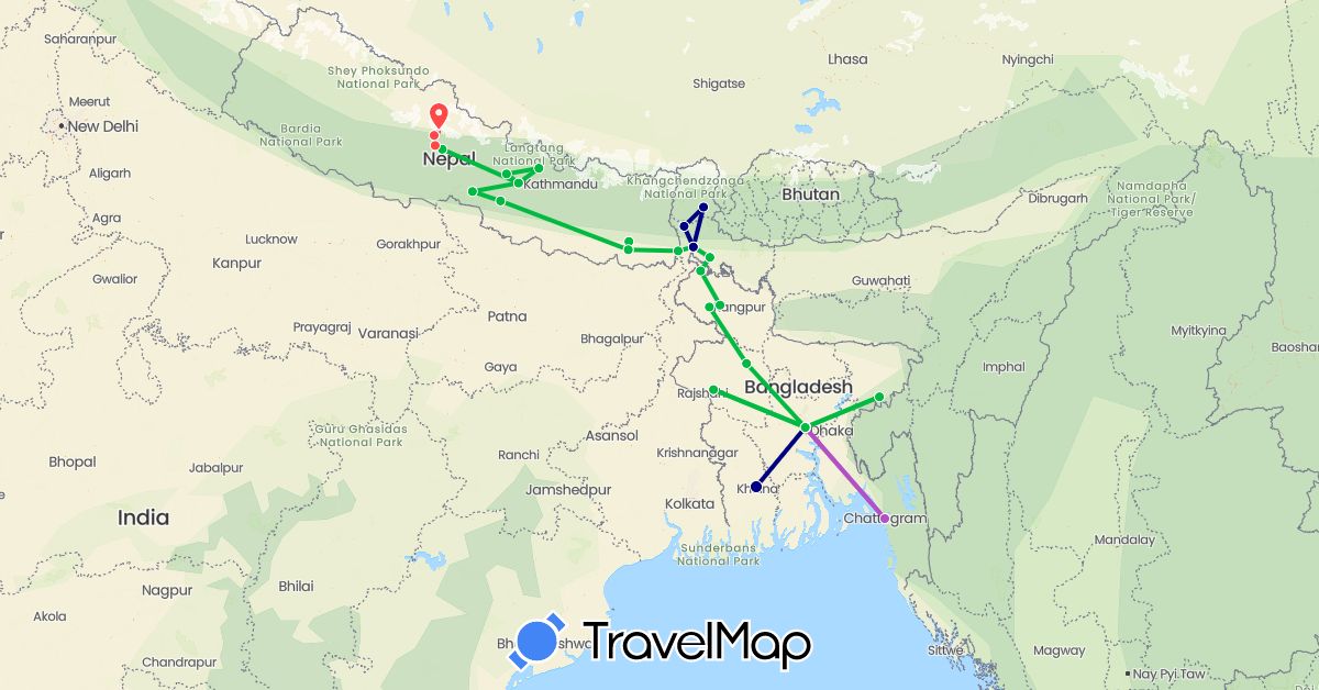 TravelMap itinerary: driving, bus, train, hiking, boat in Bangladesh, India, Nepal (Asia)